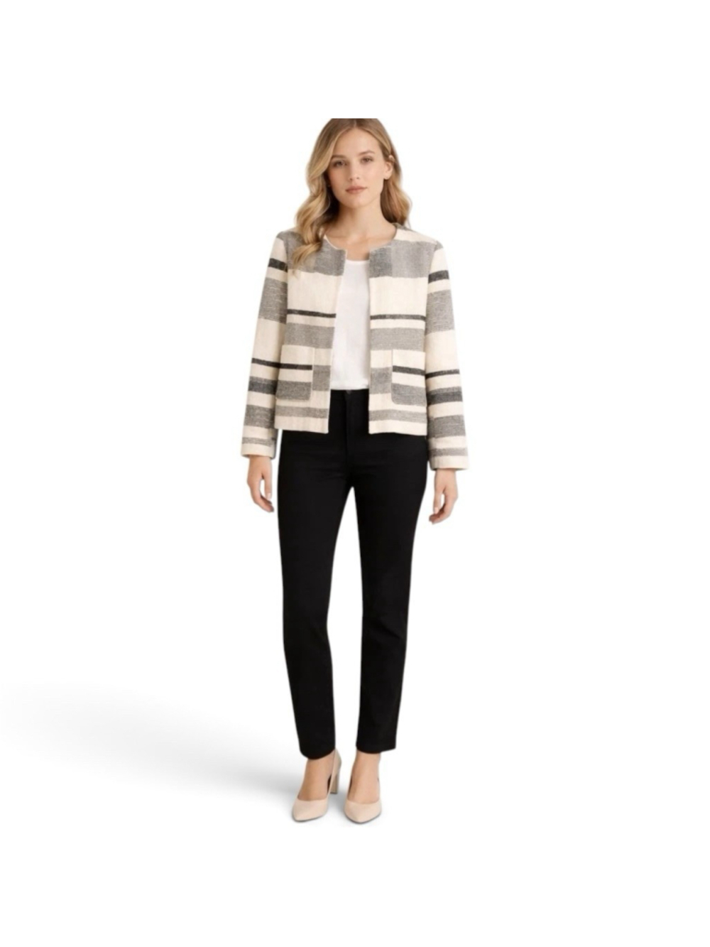 Zara Striped Tweed Jacket Cream Black Cropped Collarless Blazer Preppy S